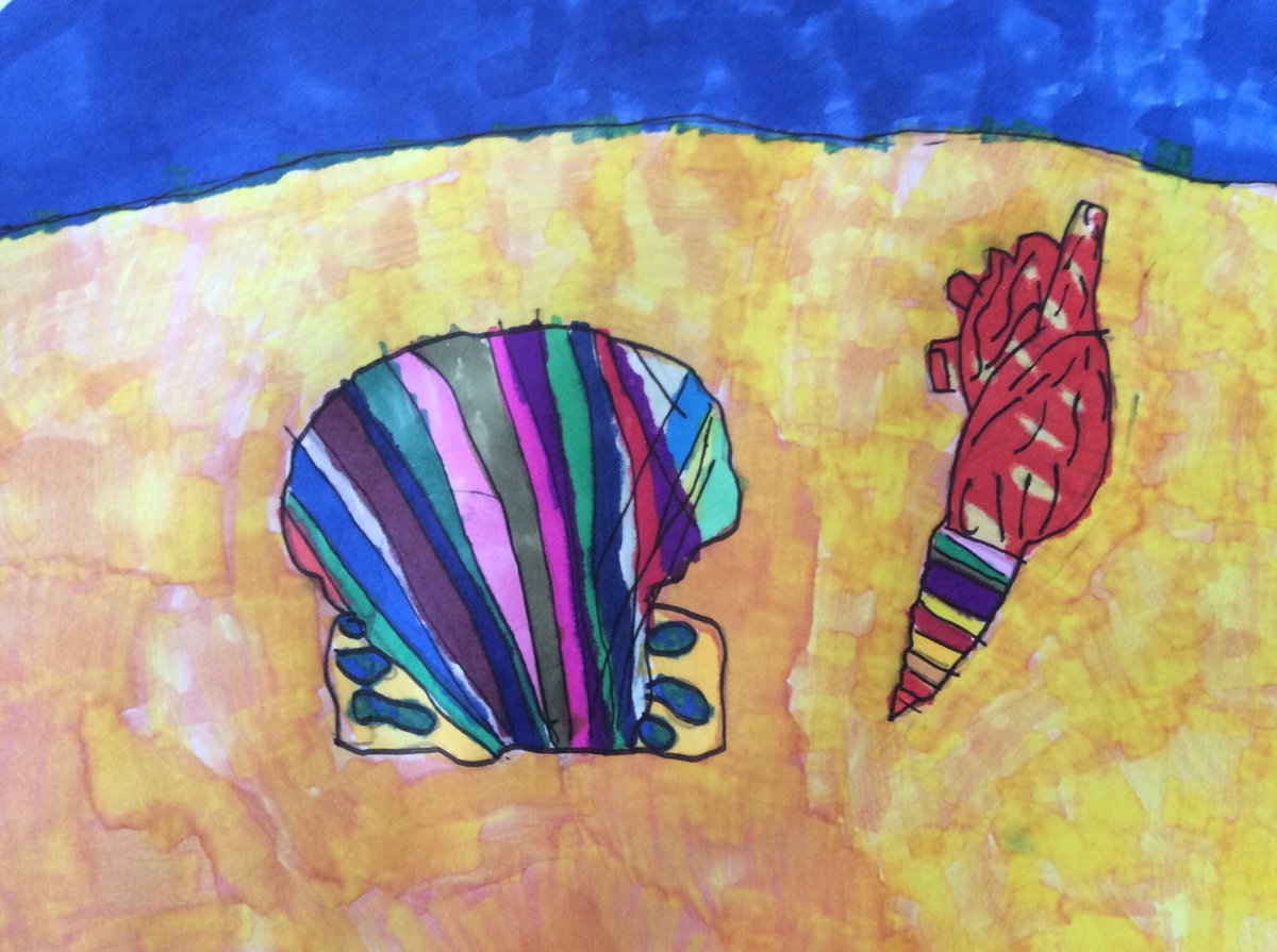 WillieOShea's tweet photo. @WillSliney @SunnietimesDawn Casey’s (8) picture of seashells done from memory as we haven’t been to the seaside because we’re practicing social distancing 😊🦀🏖 https://t.co/5yrNlJl52d
