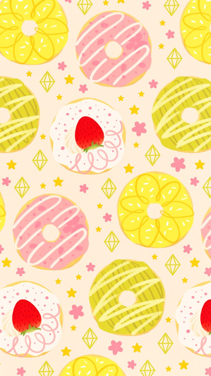 Omiyu お返事遅くなります ドーナツな壁紙 春ver Illust Illustration ドーナツ Donuts いちご Strawberry 食べ物 イラスト Iphone壁紙 壁紙