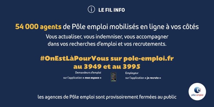 vcoppensmenager's tweet photo. Les conseillers de @poleemploi_RCVL restent mobilisés  en ligne pour vous répondre et traiter vos demandes.#onestlapourvous https://t.co/Hzb542wzCE