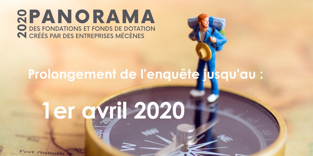 [#Etude] ⚠️ L'enquête 2020 du #PanoFonda20 menée par @LepC_France et <a href="/EYFrance/">EY France</a> se prolonge jusqu'au 1er avril 2020 ! #Fondations et #Fondsdedotation créés par une entreprise, prenez 20 min. pour y contribuer ici 👉 bit.ly/2vImG1L
#mécénat
