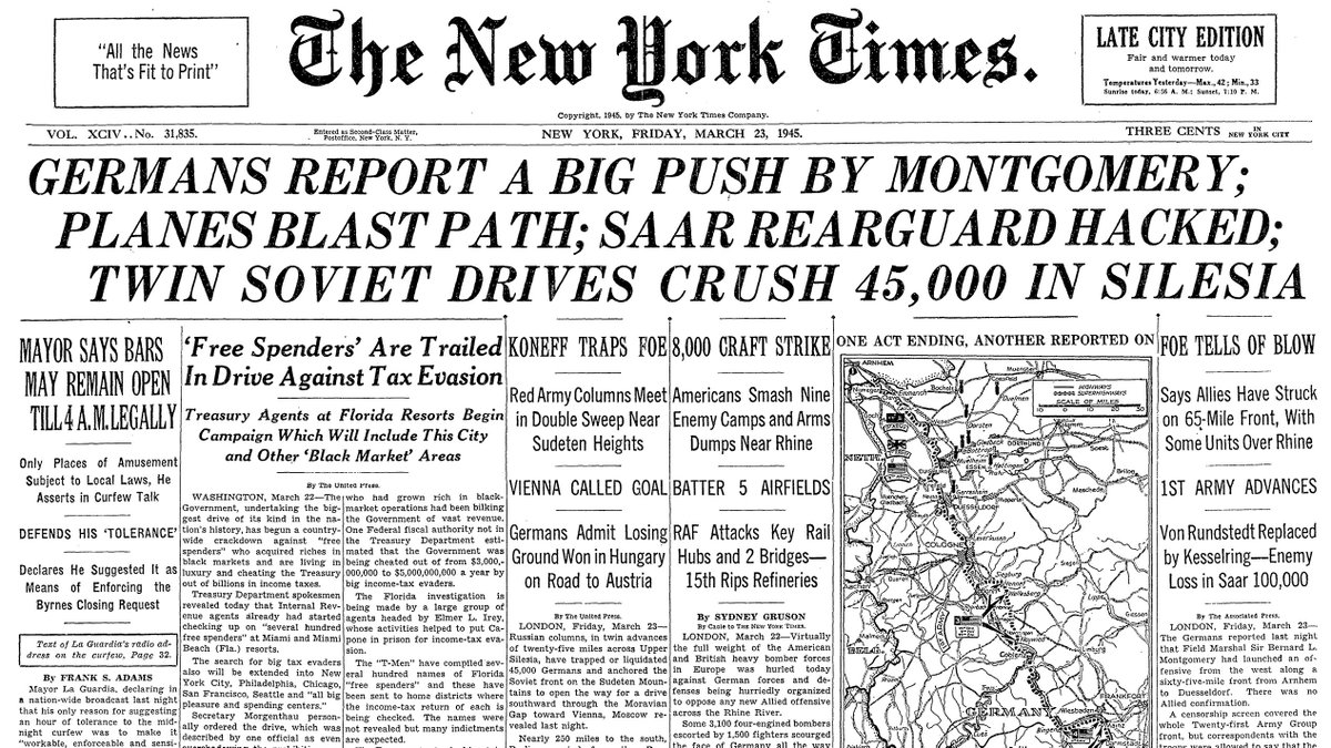 March 23, 1945: Germans Report a Big Push by Montgomery; Planes Blast Path; Saar Rearguard Hacked; Twin Soviet Drives Crush 45,000 in Silesia  https://nyti.ms/39eJMKU 