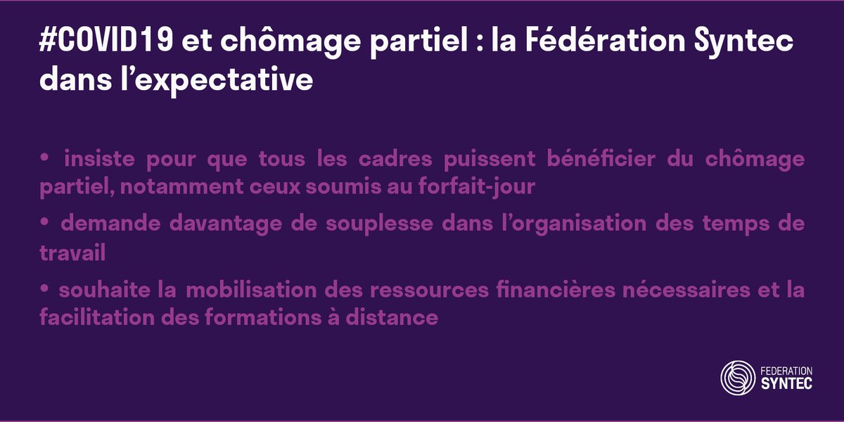 #COVID19 <a href="/FSyntec/">Fédération Syntec</a> alerte sur la nécessité de préciser et d’adapter les mesures prises par le gouv <a href="/BrunoLeMaire/">Bruno Le Maire</a> <a href="/murielpenicaud/">Muriel Pénicaud</a> pour limiter les conséquences à court et moyen terme de la baisse d’activité provoquée par la crise. Toutes nos propositions👉syntec.fr/actualites/aff…