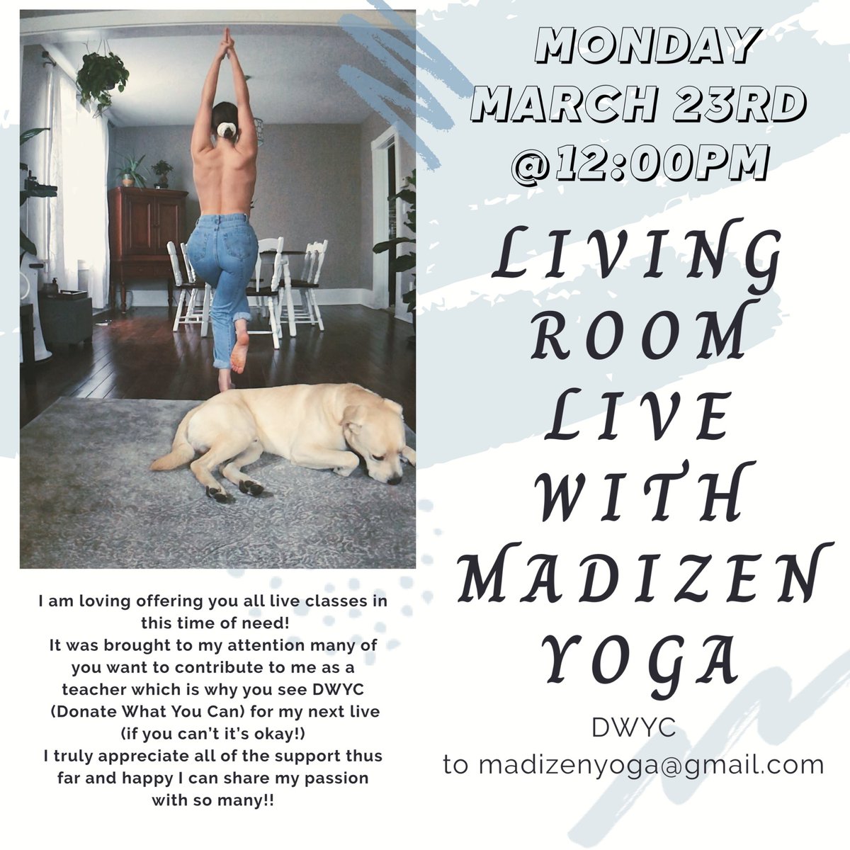 TODAY ON INSTAGRAM LIVE 12pm
.
Join me for a feel good flow to get the blood pumping and body movin! It’s going to be donate what you can by etransfer but if you can’t donate please still come and flow!