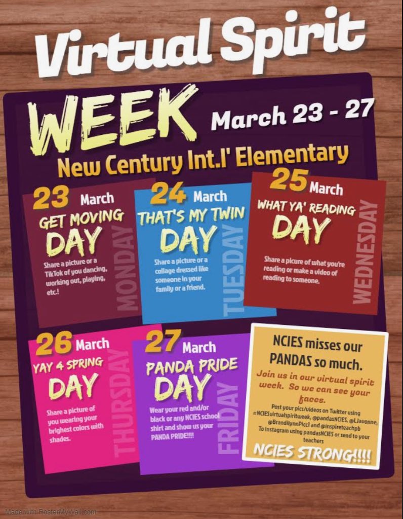teachlittlelamb's tweet photo. NCIES Spirit Week! @PandasNCIES #getinthespirit #socialdistancing #distancelearnkng https://t.co/Ljo3H59Fc0