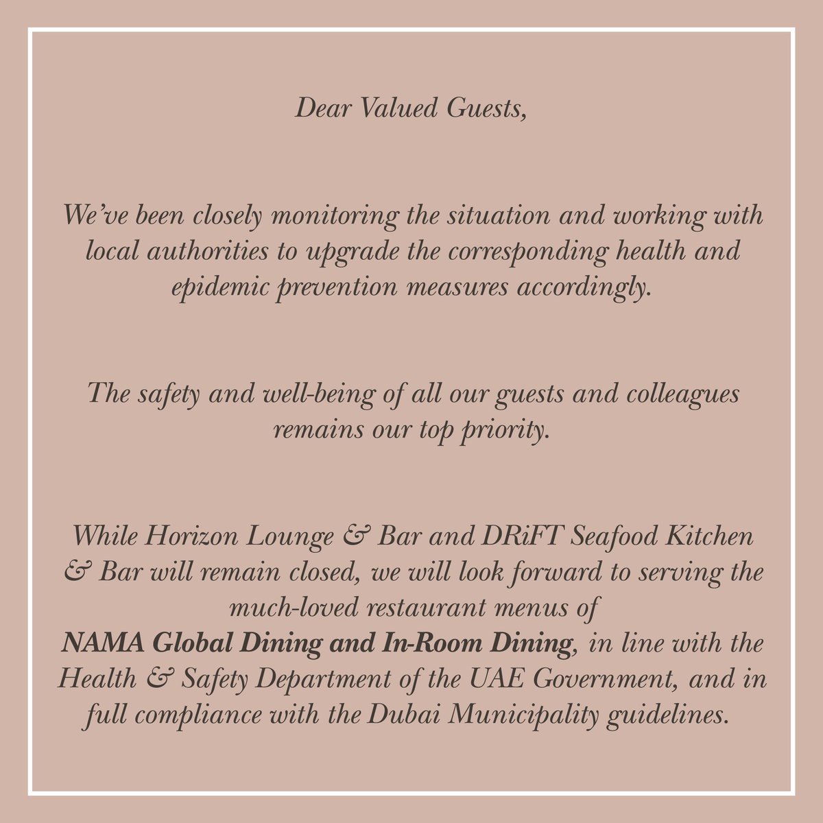 Dear Valued Guests,

We’ve been closely monitoring the situation and working with local authorities to upgrade the corresponding health and epidemic prevention measures accordingly. The safety and wellbeing of all our guests and colleagues remains our top priority.