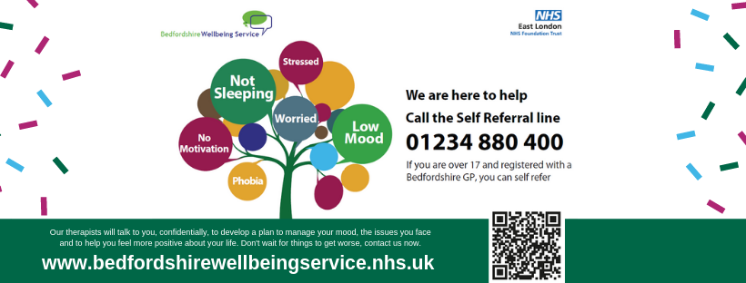 Bedfordshire NHS Talking Therapies (@bedfordshirett) on Twitter photo Due to the pandemic, our staff are working from home. Our premises will be closed, but the service is still running in a slightly different way. All appointments will be delivered by telephone/video call. Any queries, you can email elt-tr.bedfordiapt@nhs.net or call 01234 880400. Due to the pandemic, our staff are working from home. Our premises will be closed, but the service is still running in a slightly different way. All appointments will be delivered by telephone/video call. Any queries, you can email elt-tr.bedfordiapt@nhs.net or call 01234 880400.