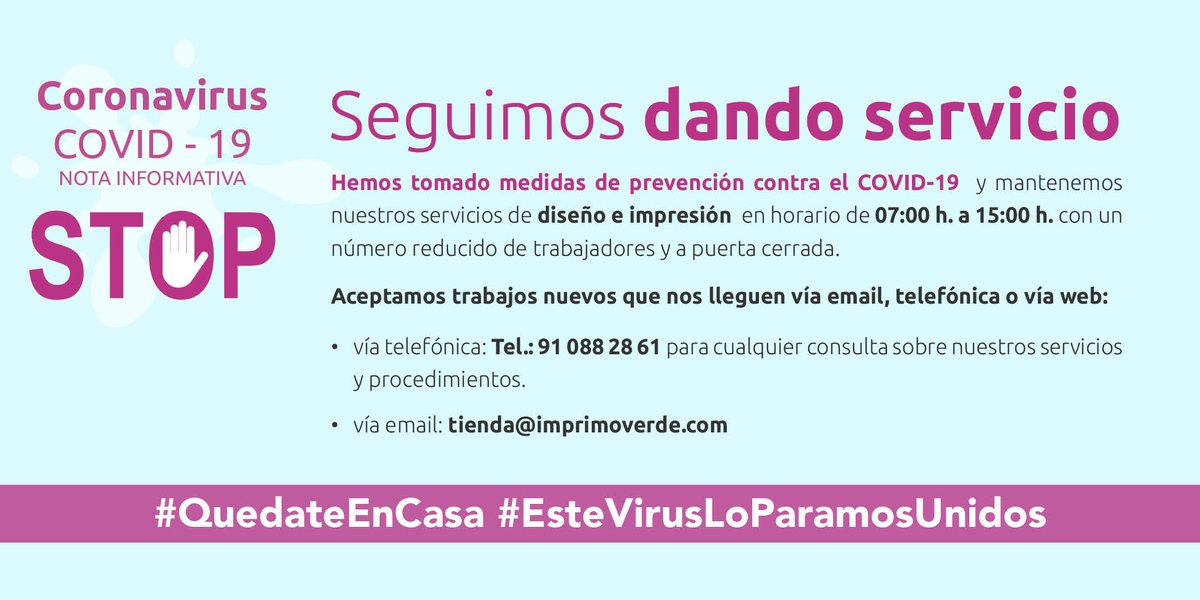 imprimoverde's tweet photo. Si necesitas con urgencia imprimir creatividades informativas sobre Coronavirus podemos recibir archivos a través del mail o web. 
Y si quieres adelantar diseños para cuando acabe la crisis sanitaria escríbenos a tienda@imprimoverde.com
#QuedateEnCasa #EsteVirusLoParamosUnidos https://t.co/207fgKLdKO
