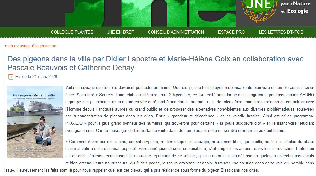 Merci à Michel CROS journaliste indépendant pour ce bel article sur notre livre "Des pigeons dans la ville " publié sur la page de JNE (association des Journalistes-écrivains pour la nature et l’écologie) #despigeonsdanslaville
jne-asso.org/blogjne/2020/0…