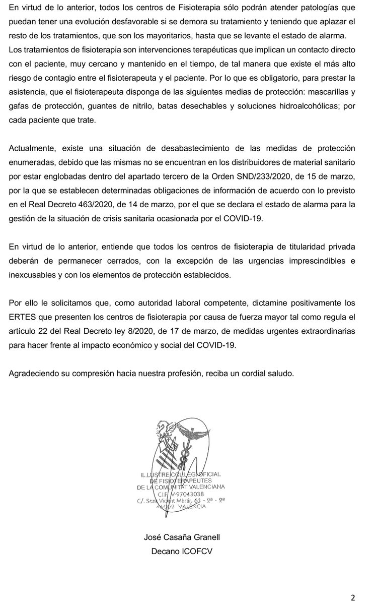 El <a href="/Icofcv/">CFisioterapeutasCV</a> ha solicitado a @GVAeconomia que autorice los #ERTES que presenten los centros de #Fisioterapia por causa de fuerza mayor ya que deberán permanecer cerrados al no contar con la medidas de protección necesarias para poder tratar a los pacientes de forma segura. #Covid19