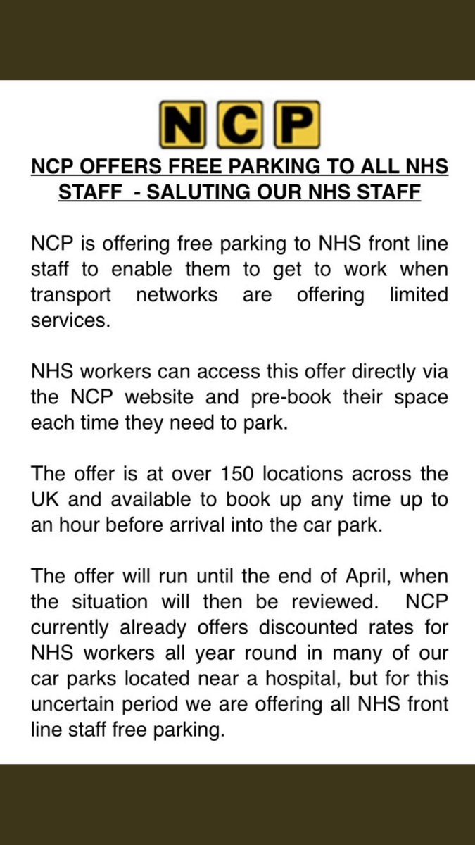 billiegavin's tweet photo. @DrAlexGeorge NCP are offering free parking across 150 sites... https://t.co/prLz9CvxHd
