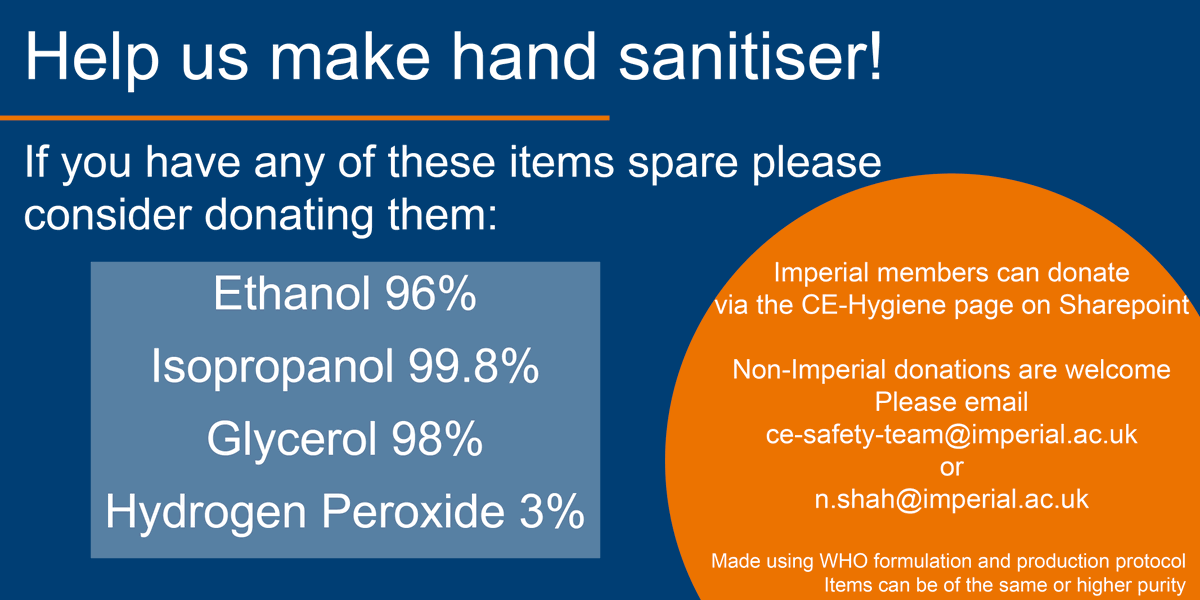 Imperial ChemEng (@imperialchemeng) on Twitter photo 🚨Calling all researchers! 🚨We’re pooling our supplies to make hand sanitiser for <a href="/imperialcollege/">Imperial College London</a>'s NHS Trust Hospitals, but we may not make enough for their needs. If you have any of the following items please consider donating them via imperiallondon.sharepoint.com/sites/foe/Chem… <a href="/ImpEngineering/">Imperial Engineering</a> 🚨Calling all researchers! 🚨We’re pooling our supplies to make hand sanitiser for <a href="/imperialcollege/">Imperial College London</a>'s NHS Trust Hospitals, but we may not make enough for their needs. If you have any of the following items please consider donating them via imperiallondon.sharepoint.com/sites/foe/Chem… <a href="/ImpEngineering/">Imperial Engineering</a>