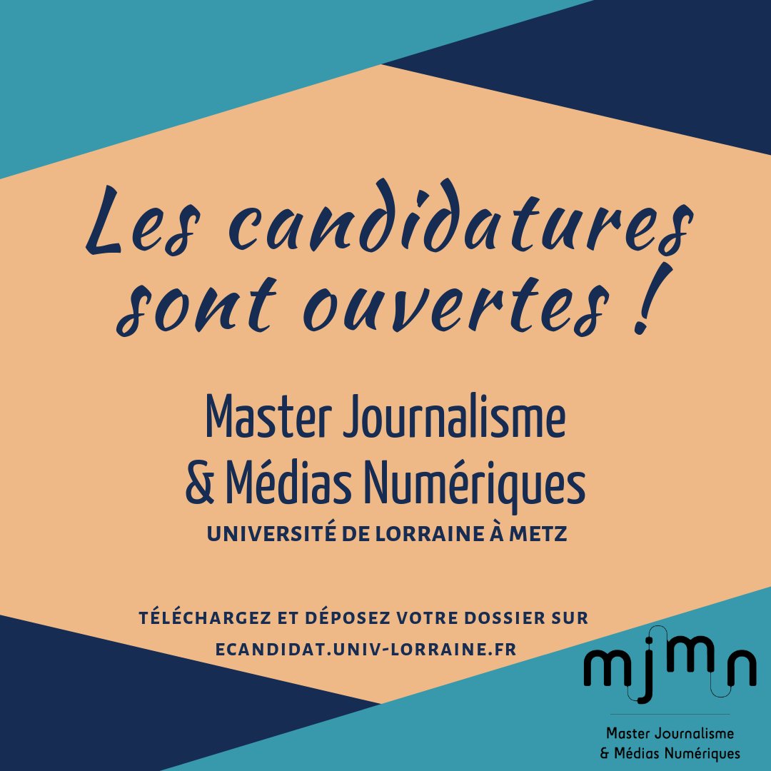 Master Journalisme et médias numériques (@masterjmn) on Twitter photo Plus que jamais, nous avons besoin de journalistes. Choisissez Metz et une formation innovante! Les candidatures au Master Journalisme et médias numériques (<a href="/MasterJMN/">Master Journalisme et médias numériques</a>, Metz) sont ouvertes jusqu'au 15 mai sur
ecandidat.univ-lorraine.fr/#!accueilView
Infos sur masterjournalismenumerique.fr Plus que jamais, nous avons besoin de journalistes. Choisissez Metz et une formation innovante! Les candidatures au Master Journalisme et médias numériques (<a href="/MasterJMN/">Master Journalisme et médias numériques</a>, Metz) sont ouvertes jusqu'au 15 mai sur
ecandidat.univ-lorraine.fr/#!accueilView
Infos sur masterjournalismenumerique.fr