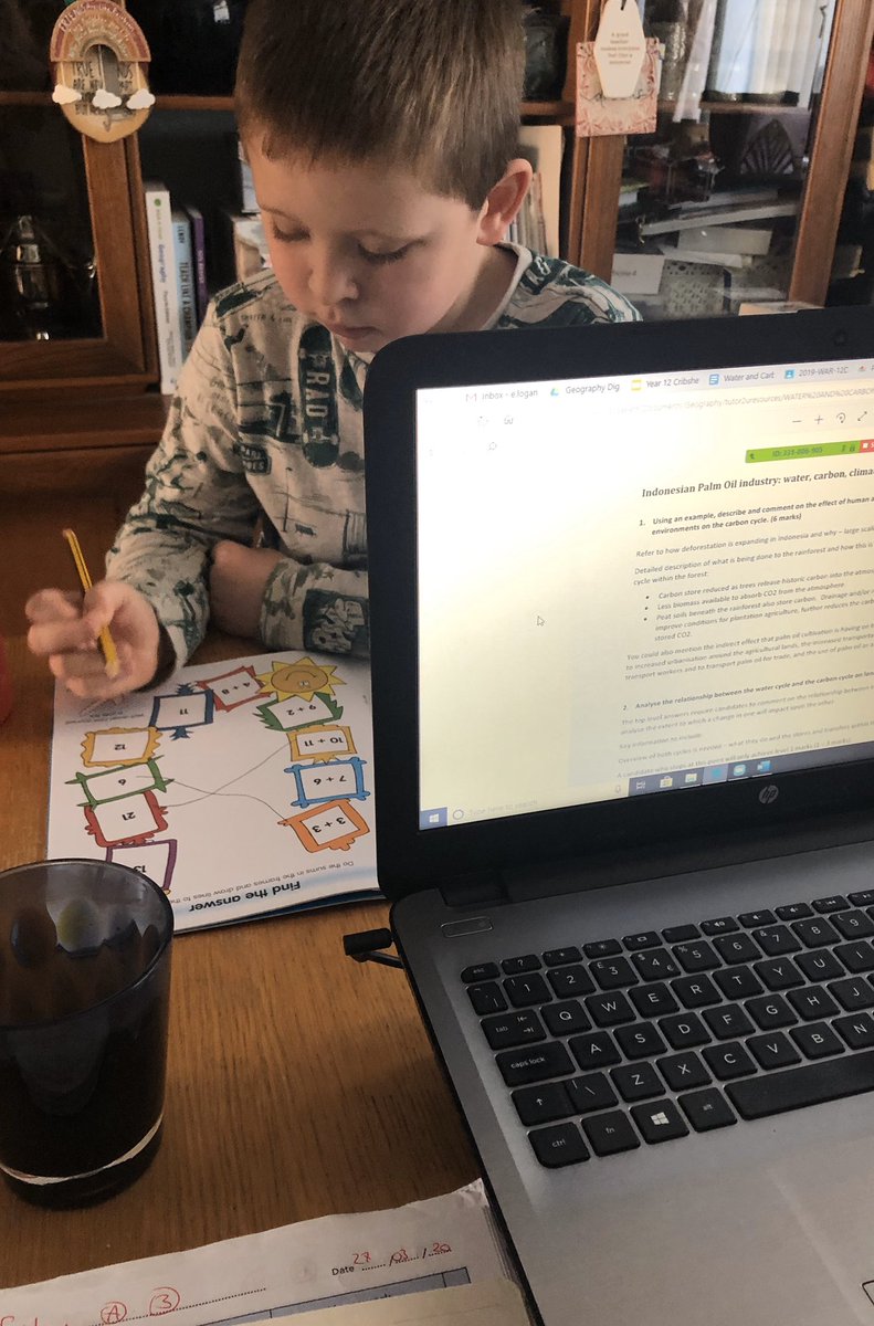 LizzyLogsGeog's tweet photo. Lesson 1 
Maths for my son vs A-level water and carbon cycles for Year 12. #multitasking #schoolclosureuk https://t.co/nv924pINMY