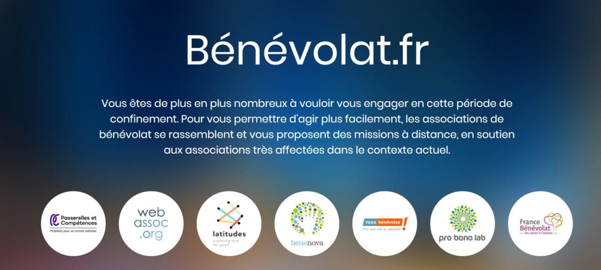 #Bénévoles : les principaux acteurs du #bénévolat de compétences en France unissent leurs forces pour vous proposer des missions à distance en soutien aux #associations affectées par la crise liée au #covid19  
 👉benevolat.fr #ess #restezchezvous