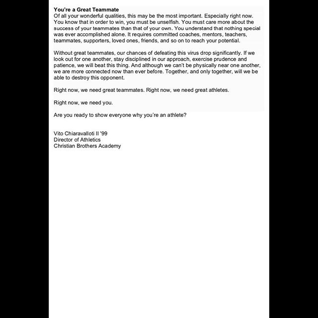 SHOW EVERYONE WHY YOU’RE AN ATHLETE.
.
This is an outstanding letter from Vito Chiaravalloti, athletic director of Christian Brothers Academy, that EVERY athlete must read.
.
Excellent message Vito and much needed!

📸 instagram.com/p/B-Eg7YhgkAX/ via tweet.photo