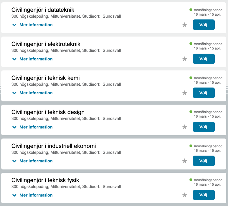 Hallå! Det är dags att söka universitetsutbildningar som startar till hösten. Vill tipsa om Mittuniversitetets civilingenjörsprogram på campus Sundsvall. Jag svarar gärna på frågor om dessa också. antagning.se/se/search?publ…