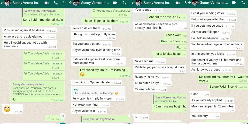 The chat of sunny verma with one of the model who wanted to come. He ask for nudes and sexual favours to each and every girl out there #exposesunnyverma (7/n)