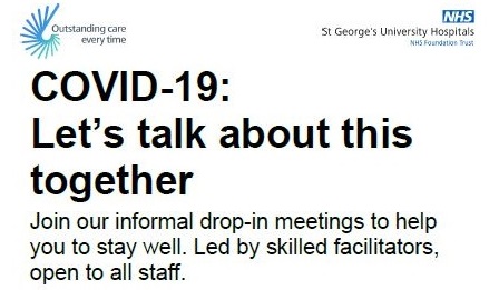 📣 #TeamStGeorges staff notice

We have set up a dedicated staff support phone line, email address and drop-in sessions with a team of skilled facilitators to help you stay well.

Check out the intranet, our daily internal bulletins and posters for info on how to access support.