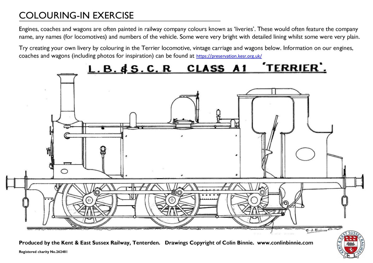 KandESRailway's tweet photo. We have created some colouring in sheets featuring a Terrier, vintage coach &amp; wagon. We would love to see what you create! Please send us a photo of your finished liveries in the comments below! Have fun! @TenterdenTown @VisitKent #education #charity #tenterden https://t.co/DBKPXOMduW