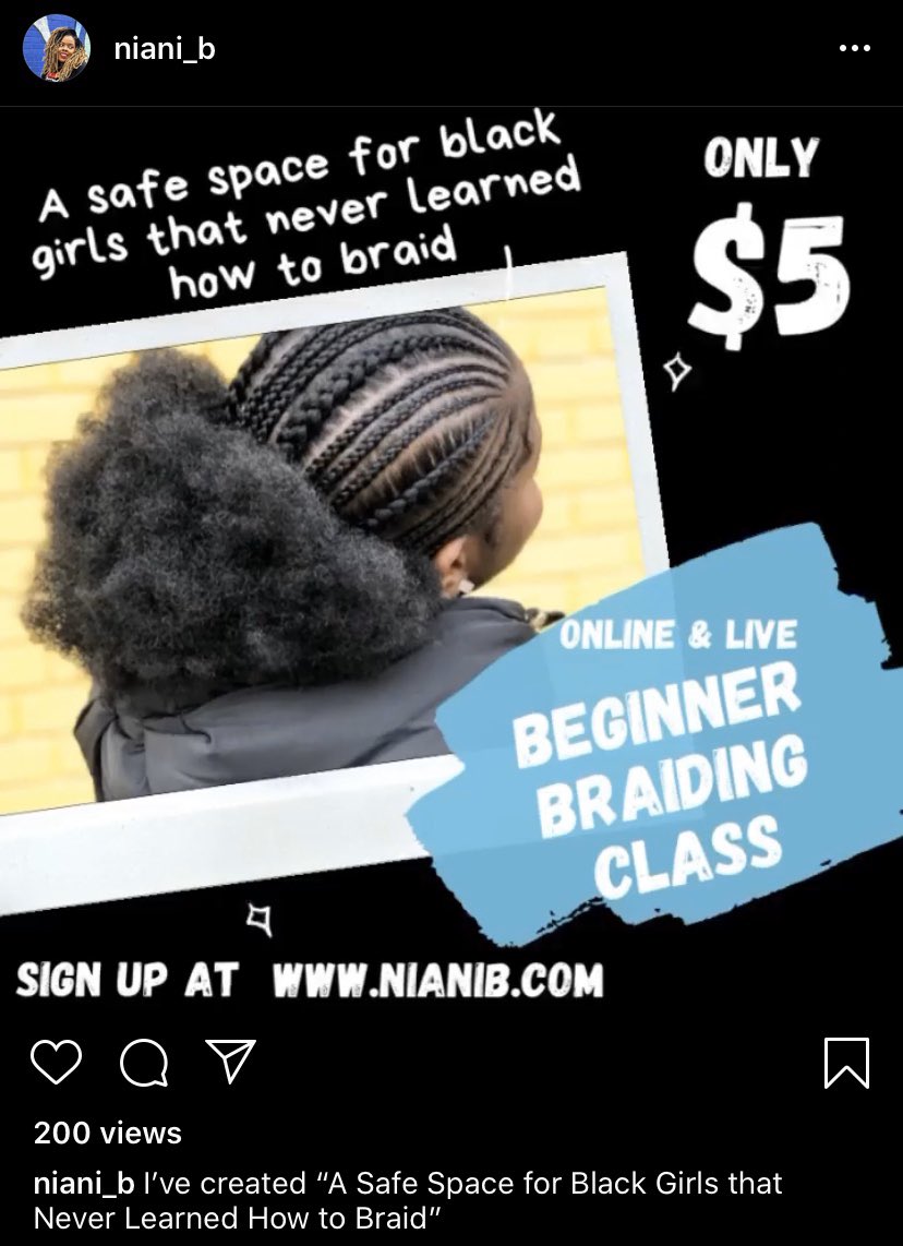darkskintdaria's tweet photo. My hairdresser is doing $5 online live classes. A Safe Space For Black Girls Who Never Learned How To Braid to teach us how to cornrow lol! She don’t have Twitter but her IG is in the pic. Link is in her bio I believe. Sign up for me, cause I ain’t got no hair to practice on lol. https://t.co/hnk5t2jlqN