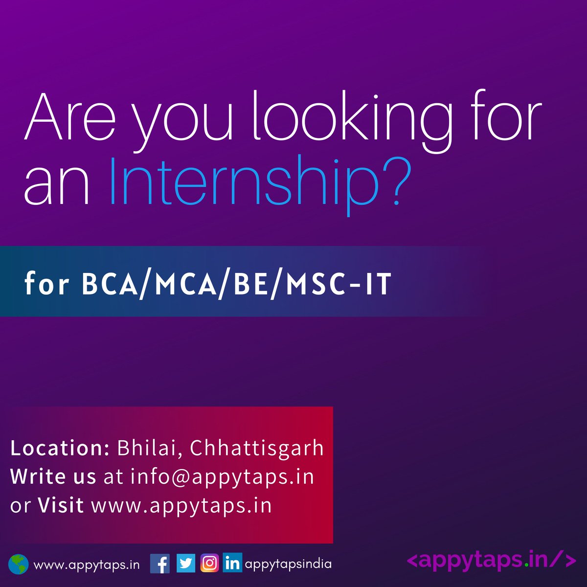 appytapsindia's tweet photo. Internships are open at https://t.co/ovyYg9tCmv, Bhilai. Join us in April 2020 and get experience of working in LIVE projects and gain knowledge to bridge the gap between educational and professional world. @tusharpadamwar

Register yourself at  https://t.co/wXSB7Ury7Y https://t.co/0y1iriuOgl