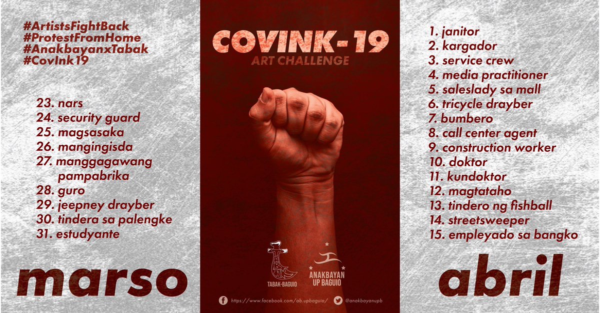 anakbayanupb's tweet image. Mga ka-COVINK, huwag na munang magpa-bangs!

Ihanda ang inyong malikhaing entry sapagkat kasalukuyan tayong nasa ilalim ng Enhanced Community Quarant-INK! Ipakita ang suporta sa masa at mga manggagawang pinakabulnerableng sektor ngayong humaharap tayo sa krisis pangkalusugan.