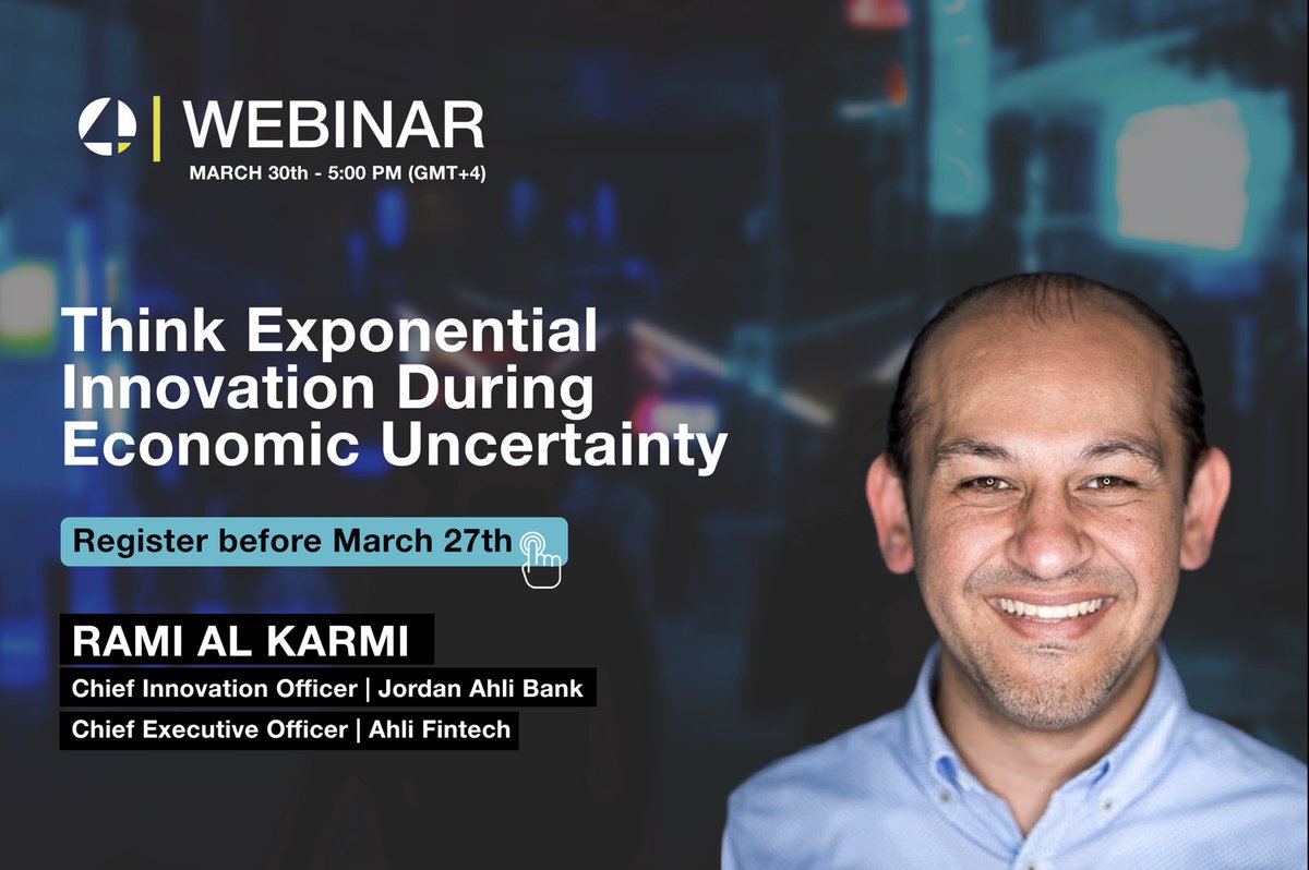 Innovate4G's tweet photo. We are pleased to invite you to attend a Live Webinar session on 30th Mar at 5pm (GMT+4). Rami will share his thoughts and experience about the importance of innovating in uncertain times.
you can RSVP for free before 27th March at the following link https://t.co/abxjyTQ8AP https://t.co/K08iVpvB8P