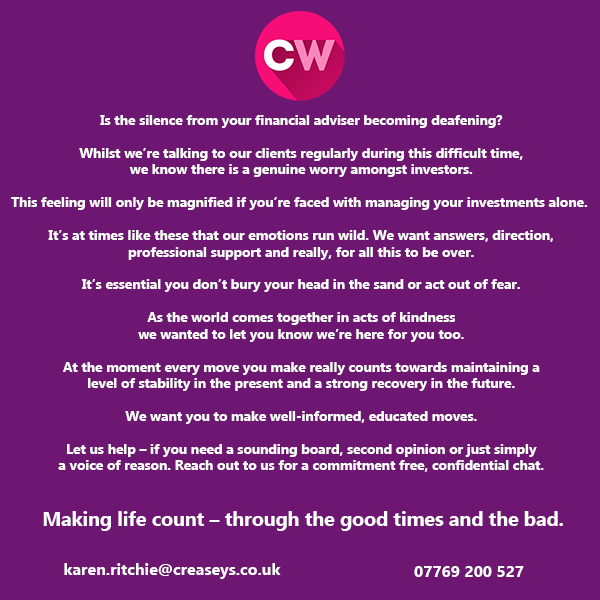 We're here to help and listen - reach out to us if you need support. 

Karen Ritchie is at the other end of an email or the phone 📞📧

Communication is going to be key during this challenging time. 

#CreaseysWealth #COVID19 #letstalk #MakeLifeCount
