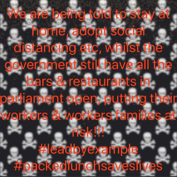 #coronavirusuk #coronavirus #COVID19 #UKGoverment #LeadByExample #packedlunchsaveslives Shut down your cafes tea room and restaurant and pack your own lunch, stop endangering the lives of your workers and their families!!!! <a href="/thesun/">The Sun</a> <a href="/Telegraph/">The Telegraph</a> <a href="/guardiannews/">Guardian news</a> <a href="/MailOnline/">Mail Online</a>