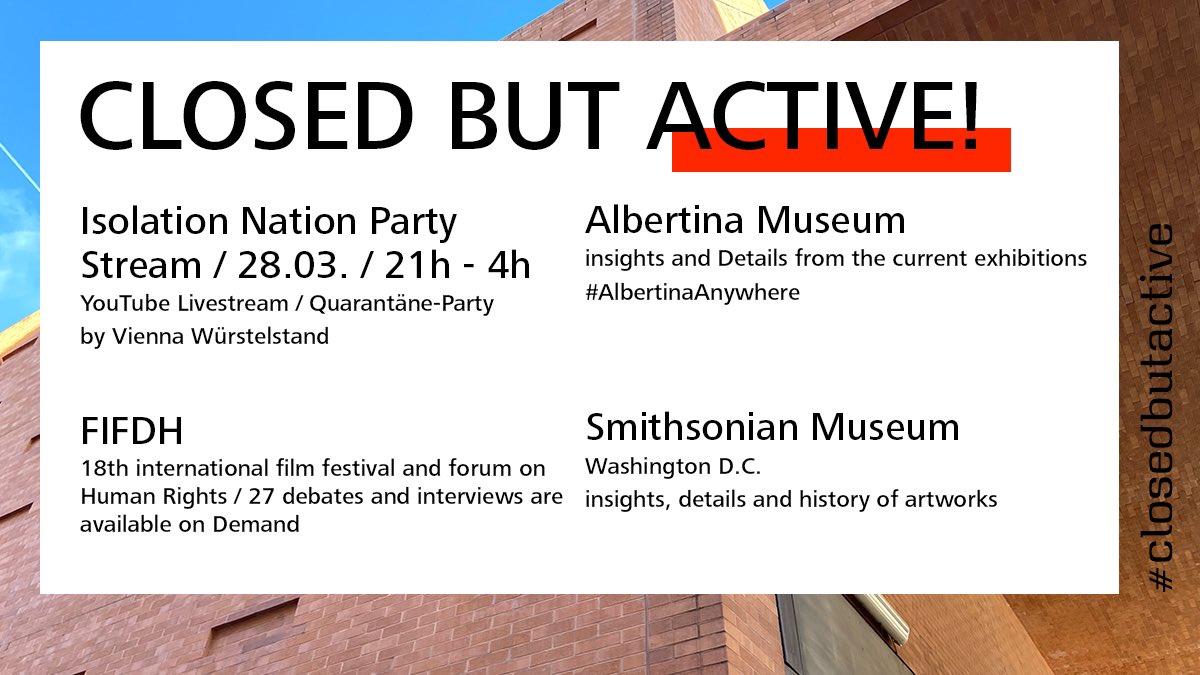 Neue Woche, neues Glück! 🏠

#closedbutactive #unitedbyculture #kulturtrotzcorona #mondaymotovation

🥳 Quarantäne Party Livestream 🎬 @fifdh 👁 @AlbertinaMuseum 👁 @smithsonian