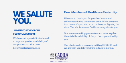 Cadila_Pharma's tweet photo. We salute all the healthcare professionals, out in the open, fighting the virus. While most of us are at home, we want to ensure that we can provide support to these champions in every way we can. 
#Cadila #Care #CoronaVirusIndia #COVID19 #HealthcareWorkers #Pharmaceutical https://t.co/ceQm2NmjY9