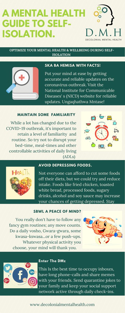 A few considerations for safe-guarding your mental health &amp; Well-being while you're in self-isolation. These may be more helpful if you're diagnosed with, or are susceptible to a Mental Health condition. 
#CoronavirusInSA  #cyrilramaphosa #COVID19SouthAfrica #COVID19SouthAfrica