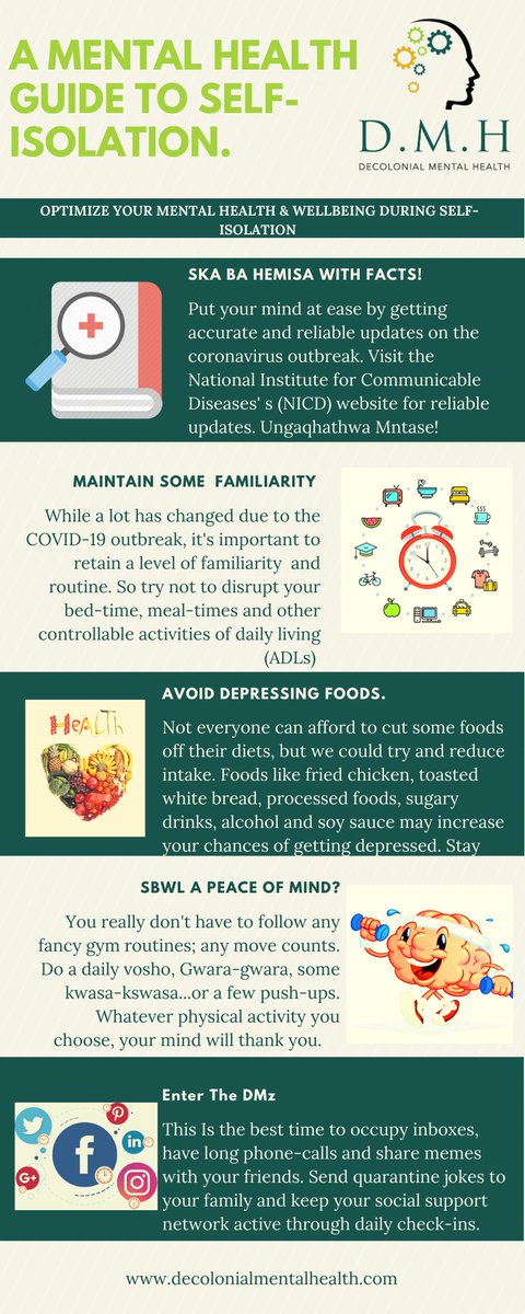 A few considerations for safe-guarding your mental health & Well-being while you're in self-isolation. These may be more helpful if you're diagnosed with, or are susceptible to a Mental Health condition. #CoronavirusInSA #cyrilramaphosa #COVID19SouthAfrica #COVID19SouthAfrica