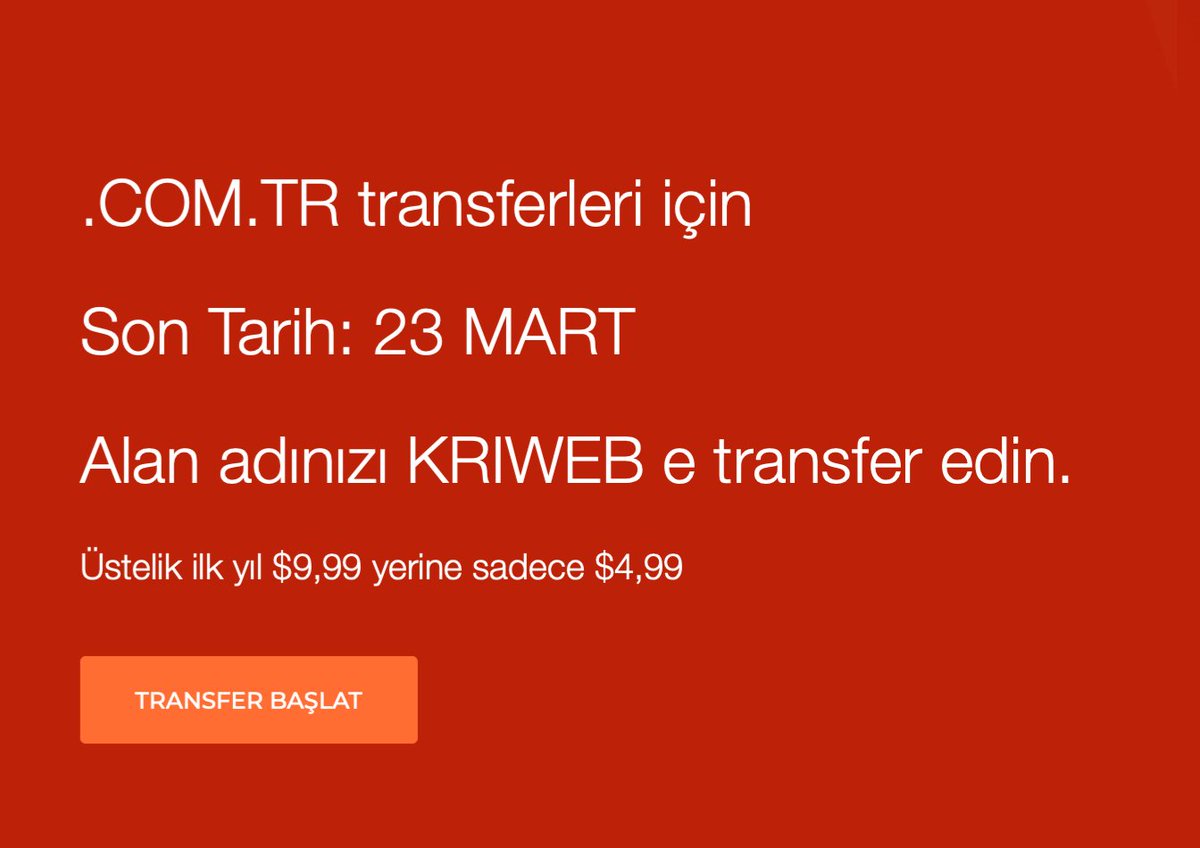 .com.tr alan adınızı yetkili kayıt operatörlerine transfer etmek için son gün. Alan adını KRIWEB' e hemen transfer et. kriweb.com/domain-transfe…
