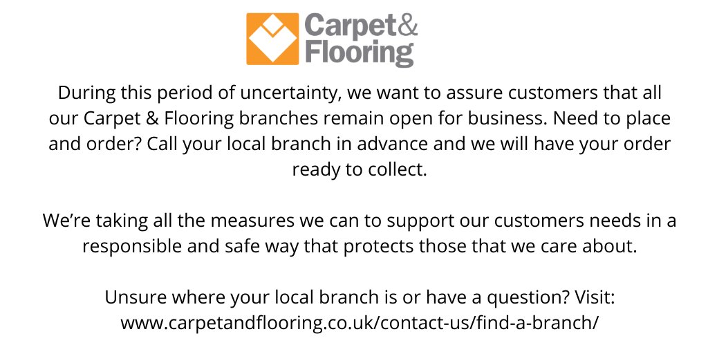 tradechoicecnf's tweet photo. The safety and wellbeing of our staff and customers is a priority as all we deal with the changing situation re. COVID-19. We wish to assure all customers that Carpet &amp; Flooring branches remain open for business.

Find your local branch here: https://t.co/dx30NSFr2d https://t.co/1CJKPiblAL