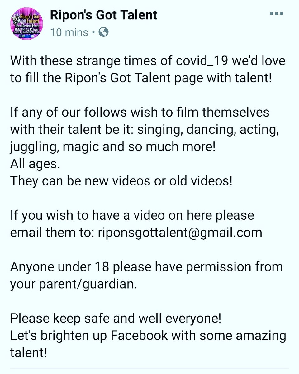 RiponsGotTalent's tweet photo. With these strange times of covid_19 we'd love to fill the Ripon's Got Talent page with talent!

If you wish to have a video on here please email them to: riponsgottalent@gmail.com

Under 18s need permission

Please keep safe and well everyone!
#Ripon https://t.co/aUsA1wUNQC