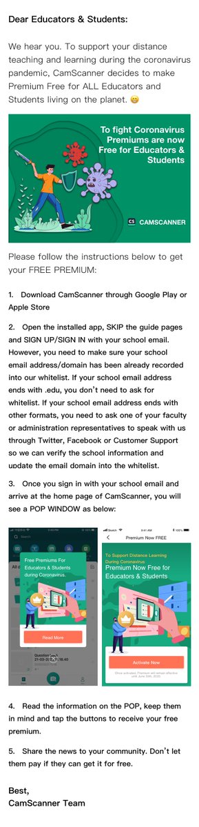 CamScanner's tweet image. To support #distancelearning  during #Quarantine, CamScanner is now offering free VIP for Educators &amp;amp; Students all over the world to distribute and collect homework. Tell the community and stop them from paying extra if they can get the VIP for Free.