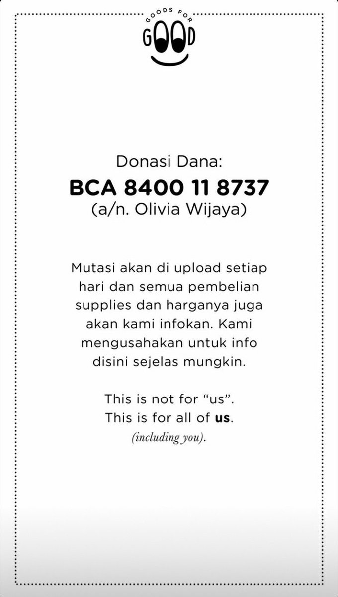 Bukti pembelian APD bisa dicek di instagram @/goodsforgood.idMeanwhile, ini list CP untuk kalian-kalian yang mau donasi:Link:  http://www.linktr.ee/GoodsForGood.id 