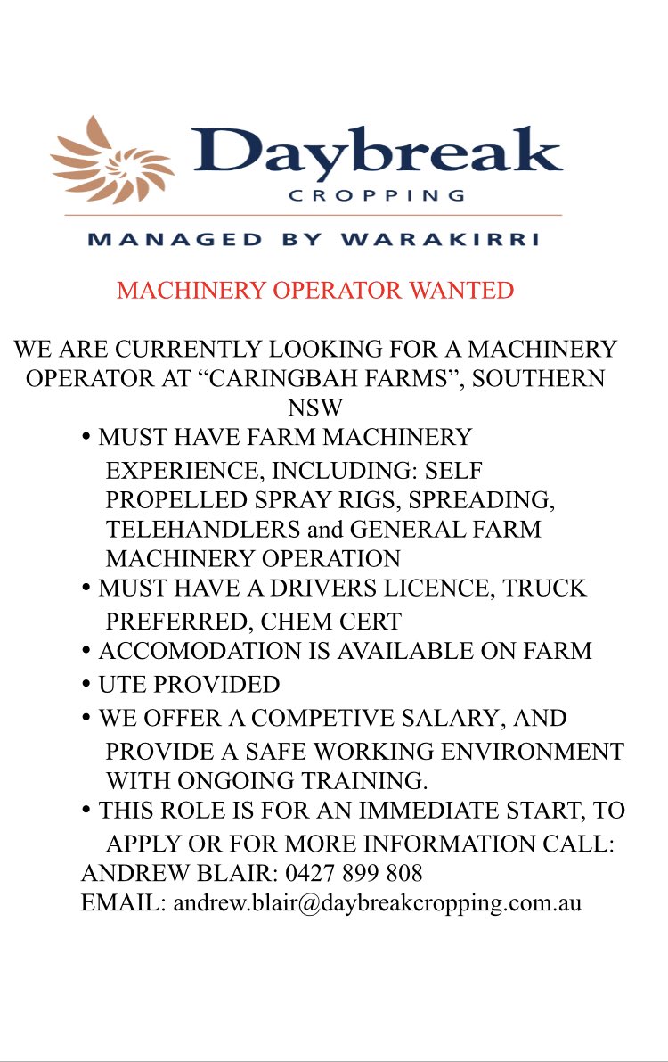 Re tweeting this full time employment opportunity with Daybreak Cropping in southern NSW, we  offer excellent conditions, late model, well maintained equipment with a high focus on safety and job stability in these testing times