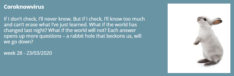 ArmstrongDini's tweet photo. Here's today's flashfiction - this is week 28 of my 52 weeks of under 52 words project. Just a reflection of my world just now. The rest are as usual on my website https://t.co/b1EF4YISbi
#rabbithole #toomuchmisinformation #DontPanicStayHomeStaySafe #52under52 #flashfiction https://t.co/iPYRflSCxM