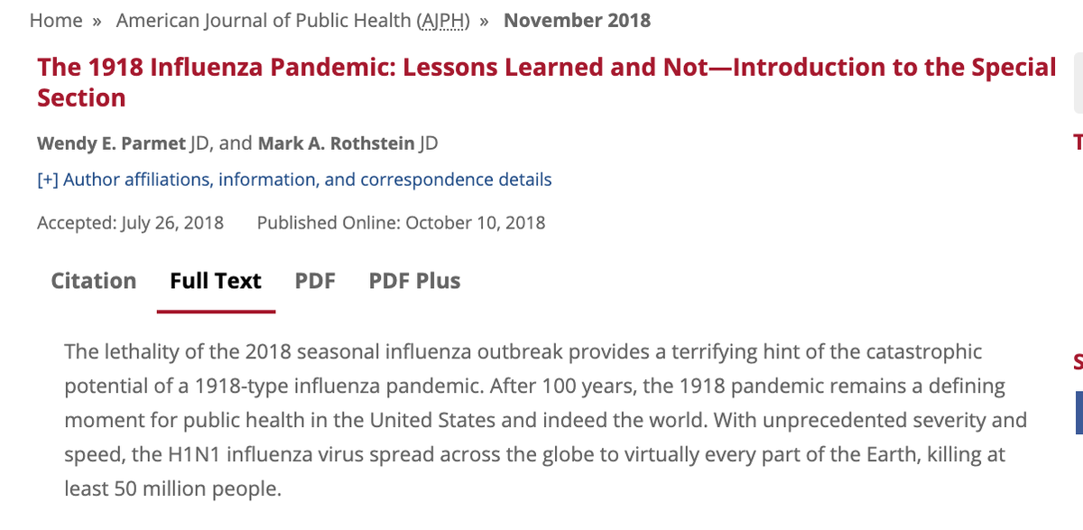 INFLUENZA PANDEMICS, 1918–2018: we have opened the access to the Special section of <a href="/AMJPublicHealth/">AJPH</a> of am.ajph.link/Nov2018_Flu18. I will feature the papers one by one. Here the editorial by Mark Rothstein <a href="/LouisvilleLaw/">Louisville Law</a> and @weparmet <a href="/PublicHealth/">APHA</a> #COVID19 #influenza #pandemic