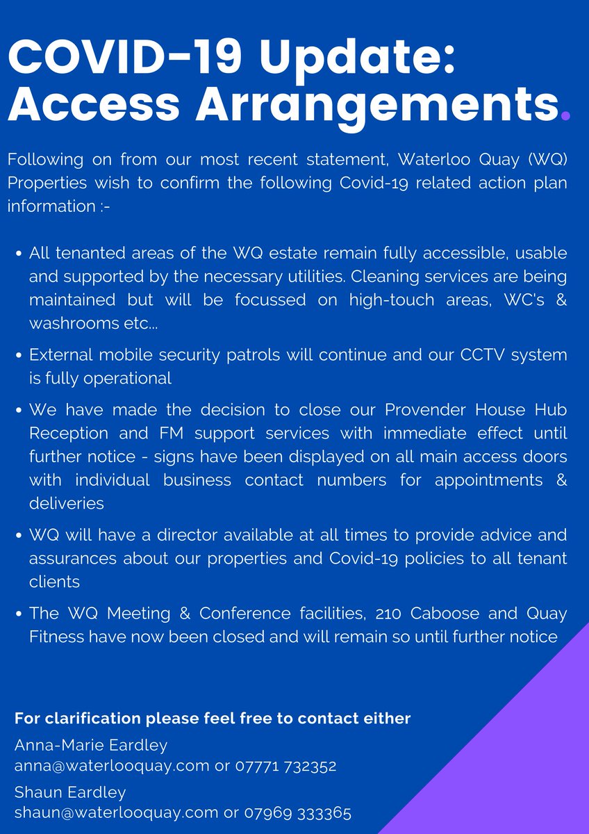 WaterlooQuay's tweet image. Waterloo Quay Properties

Covid-19 Update

Access Arrangements