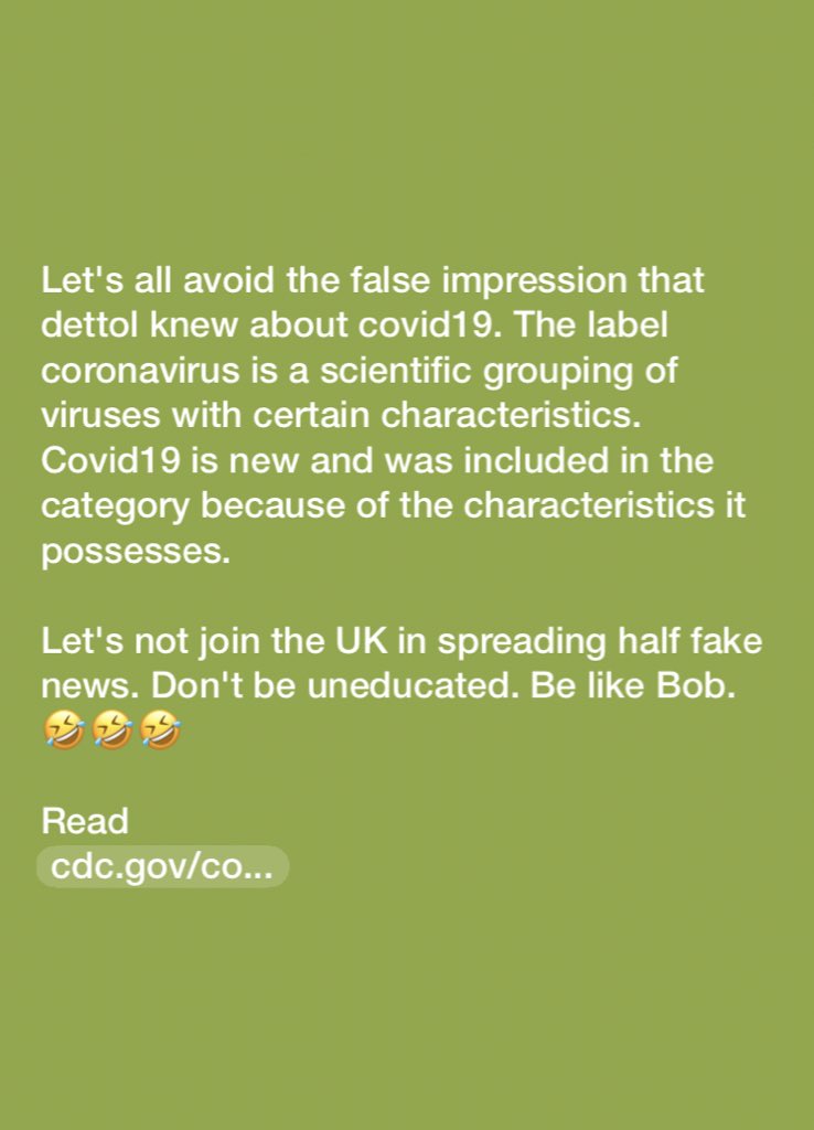 Read 
cdc.gov/coronavirus/ty… 

who.int/emergencies/di…

#coronavirus #dettol #Fear #DontPanic #Science #read #SocialDistancing #COVIDー19 #WhoCanSave_The_World <a href="/WHO/">World Health Organization (WHO)</a> <a href="/BBCNews/">BBC News (UK)</a> <a href="/BBC/">BBC</a> #Doctors <a href="/MSF_USA/">Doctors w/o Borders</a> <a href="/CTVToronto/">CTV News Toronto</a> <a href="/DettolSA/">Dettol SA</a> <a href="/CDCgov/">CDC</a> <a href="/CDCemergency/">CDC Emergency</a> 

Stay home! Social distance.