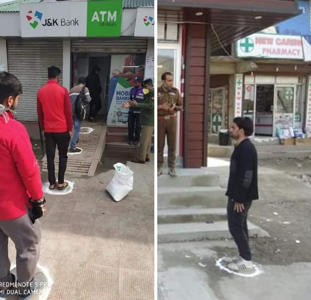 GowharKhursheed's tweet image. #Whatanidea 

Outside ATMs and Medical stores in #Ganderbal, #kashmir, police mark circles to make customers maintain social distance.

#bestway #Social_Distancing
#StayHomeStaySafe