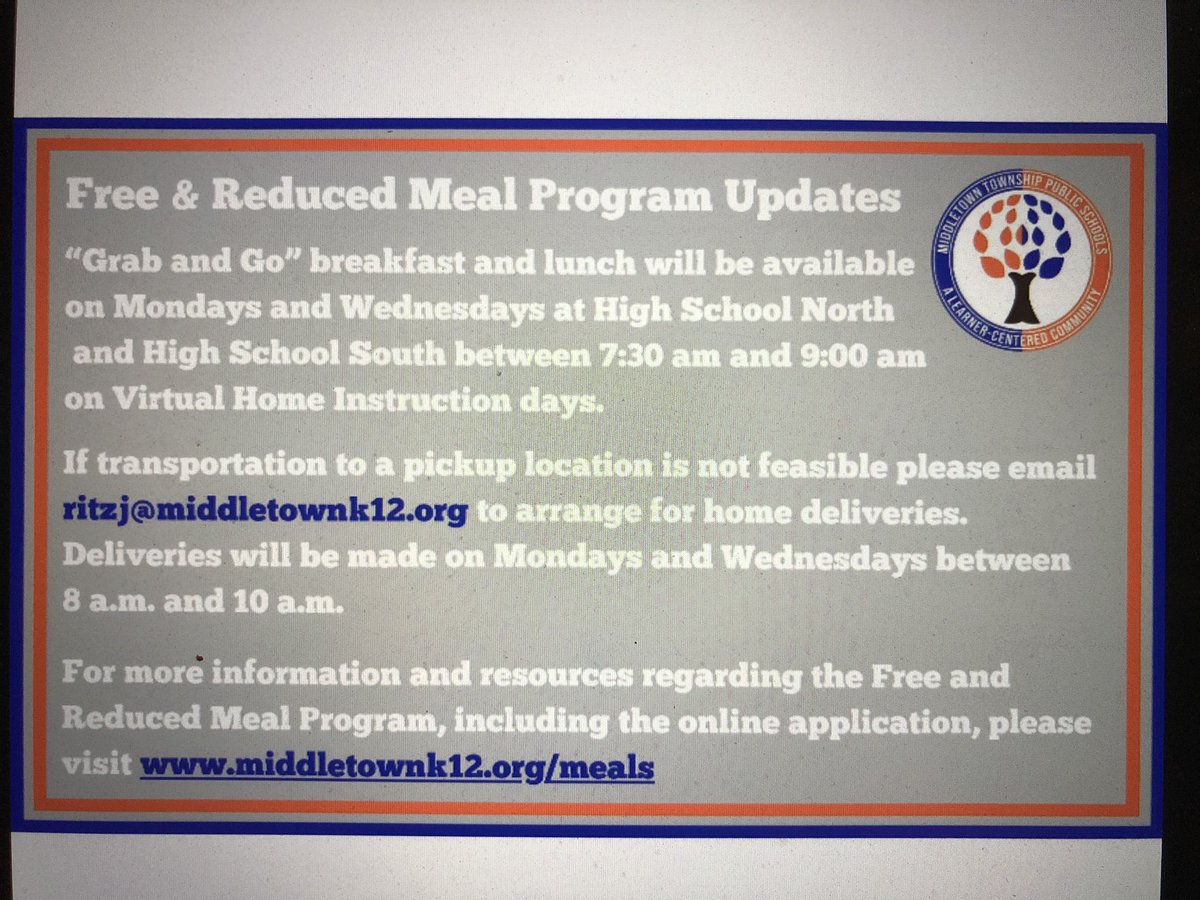 Our district is now delivering free and reduced breakfast/lunch for those eligible families. Stay well. @MHSSPrincipal <a href="/MiddsouthNation/">Midd South Nation</a>