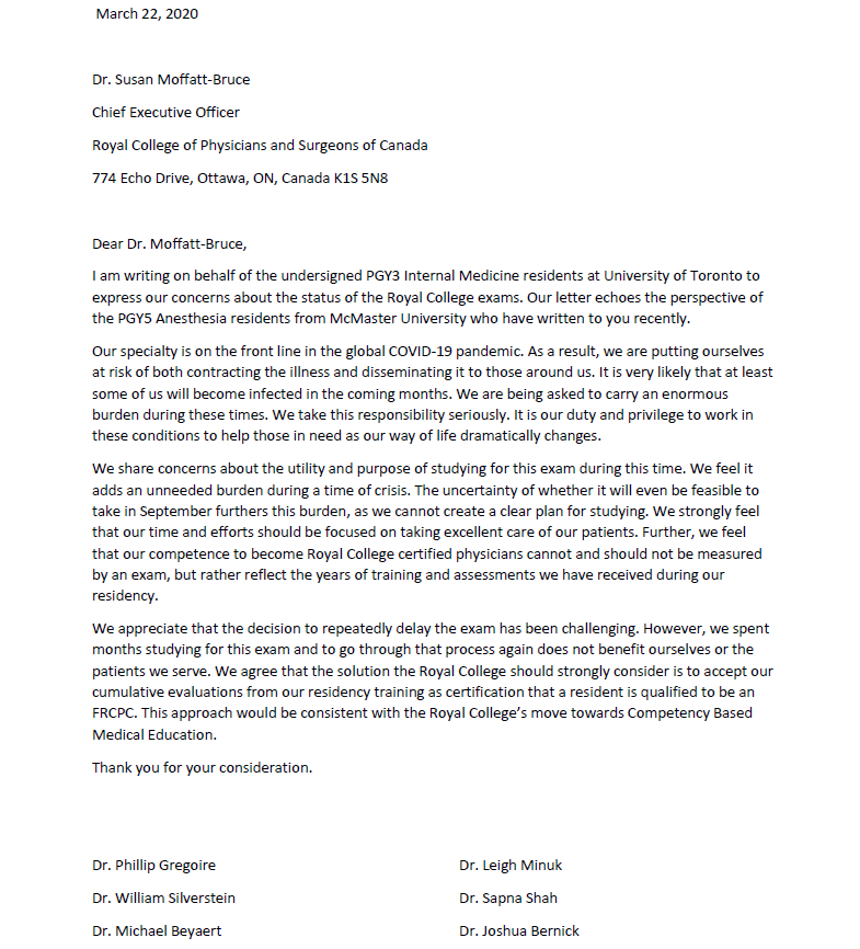 PKGregoire's tweet photo. 54 U of T third year Internal Medicine Residents signed this letter regarding the status of the @Royal_College exam. We need to focus on patient care, not re-studying for the exam @smoffattbruce1 @ResidentDoctors https://t.co/YUvmyeFGRm