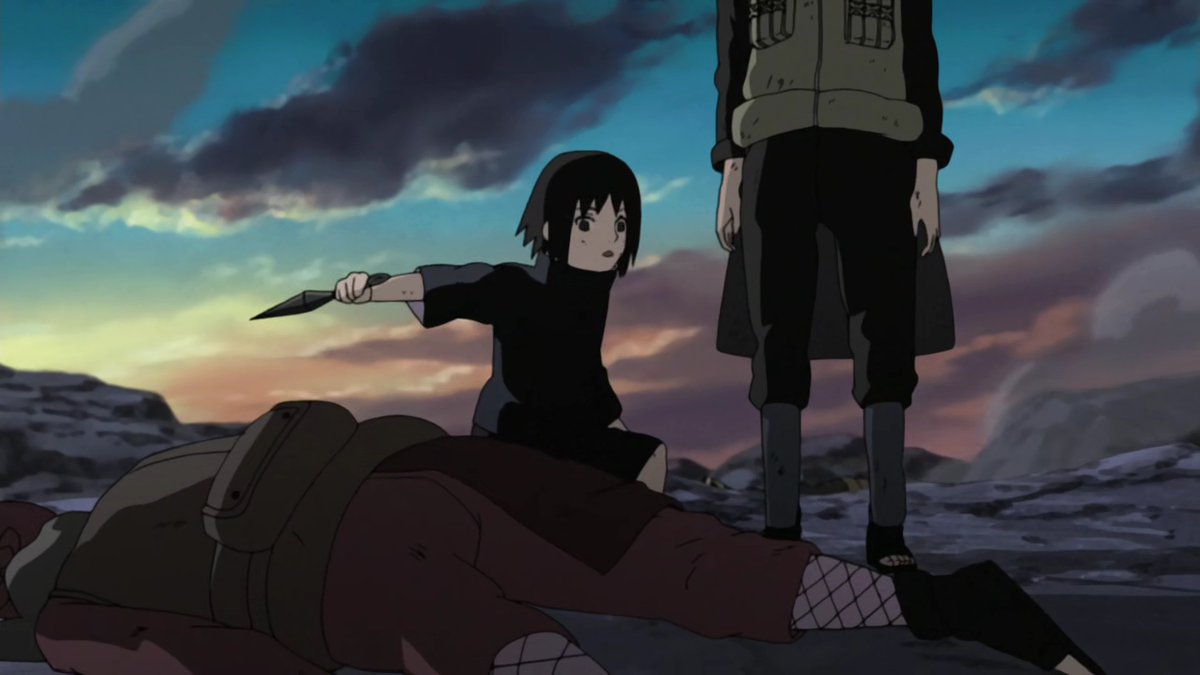 The young and innocent Itachi aid a ninja from the stone village. Upon noticing Itachi is also a ninja, the guy immediately tried to kill him, but Itachi manage to protect himself. Also the part were Itachi questions about life.