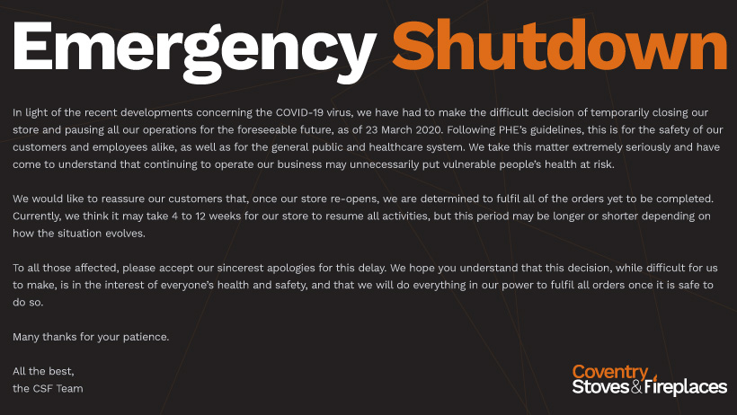 csfireplaces's tweet photo. #coronavirus #covid19UK #covid19 #csfireplaces #2metres #emergencyshutdown #shutdown #temporaryshutdown #coventry #fireplace #westmidlands #warwickshire #warwick #leamington #leamingtonspa #nuneaton #bedworth #stratford #stratforduponavon #solihull #birmingham #leicester https://t.co/UJdALPe8lA