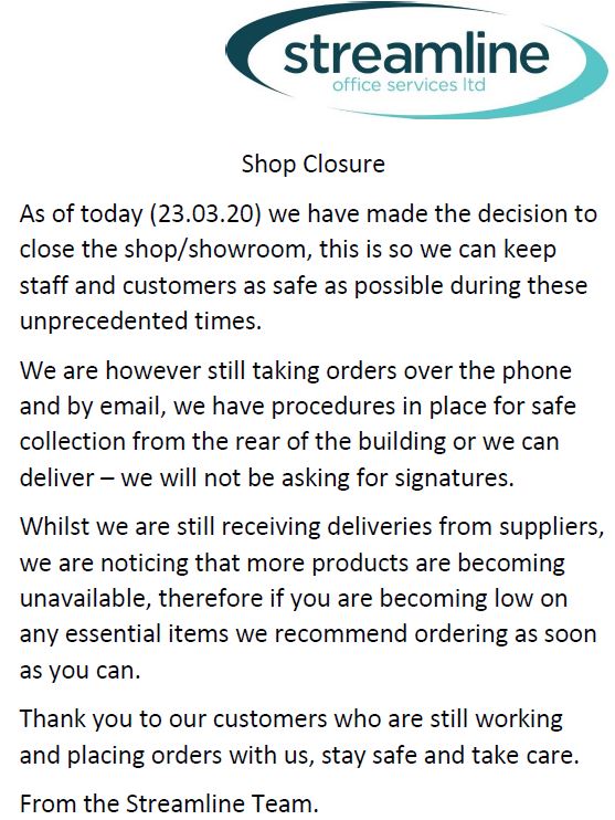 UKStreamline's tweet image. We have decided to close the shop, but we are #stilltrading 
Call us on 01295 250171 or email: sales@streamlineuk.com 
#localbusiness #banbury #COVID19