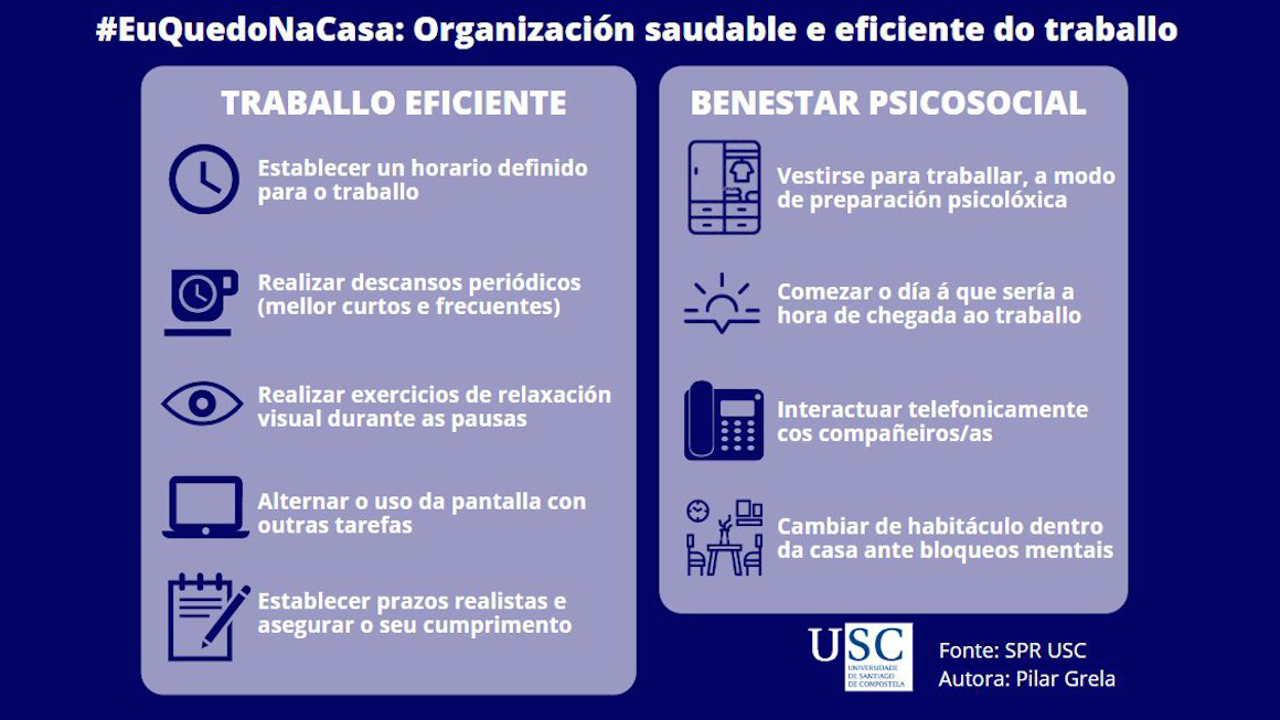 🏠 O Servizo de Prevención de Riscos Laborais da USC recomenda manter unha xornada de teletraballo cun horario preciso e con recesos curtos e frecuentes. Aquí, máis consellos #EuQuedoNaCasa 👍 usc.gal/gl/xornal/nova…